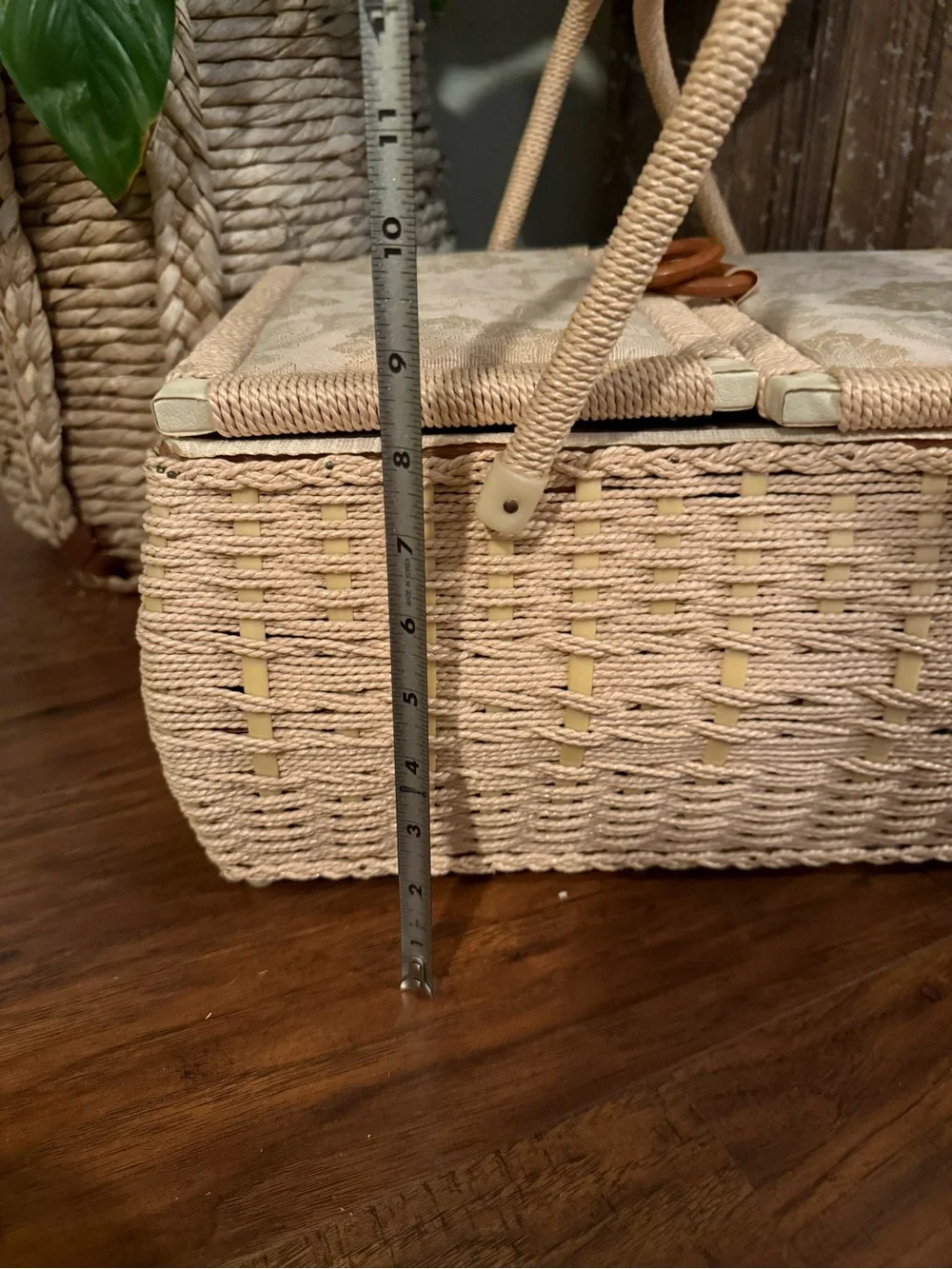 Vintage Woven Wicker Sewing Basket With Dual/Hinged Lid And Cream Tapestry Top